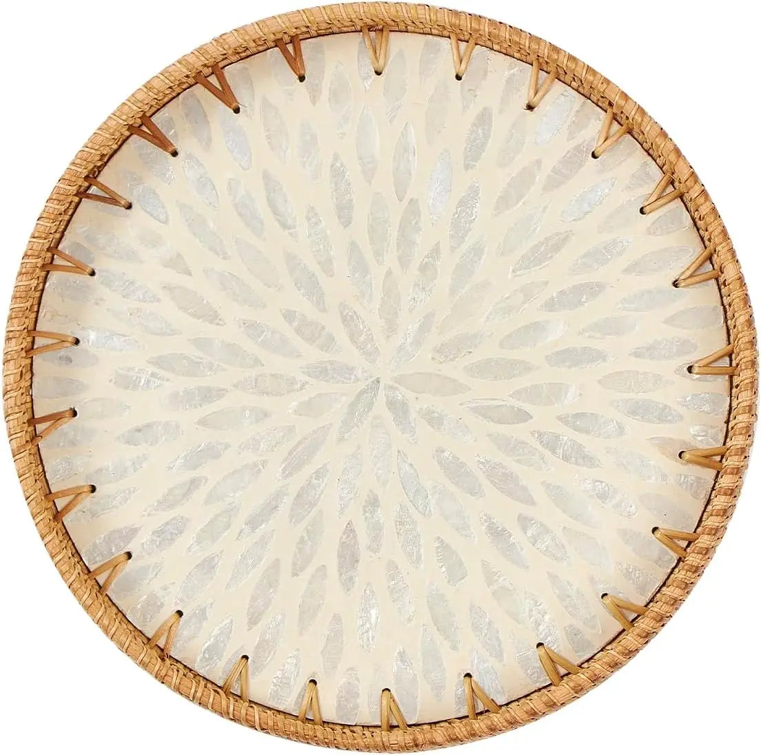 Round rattan serving tray with mother of pearl inlay featuring a radiating pattern.