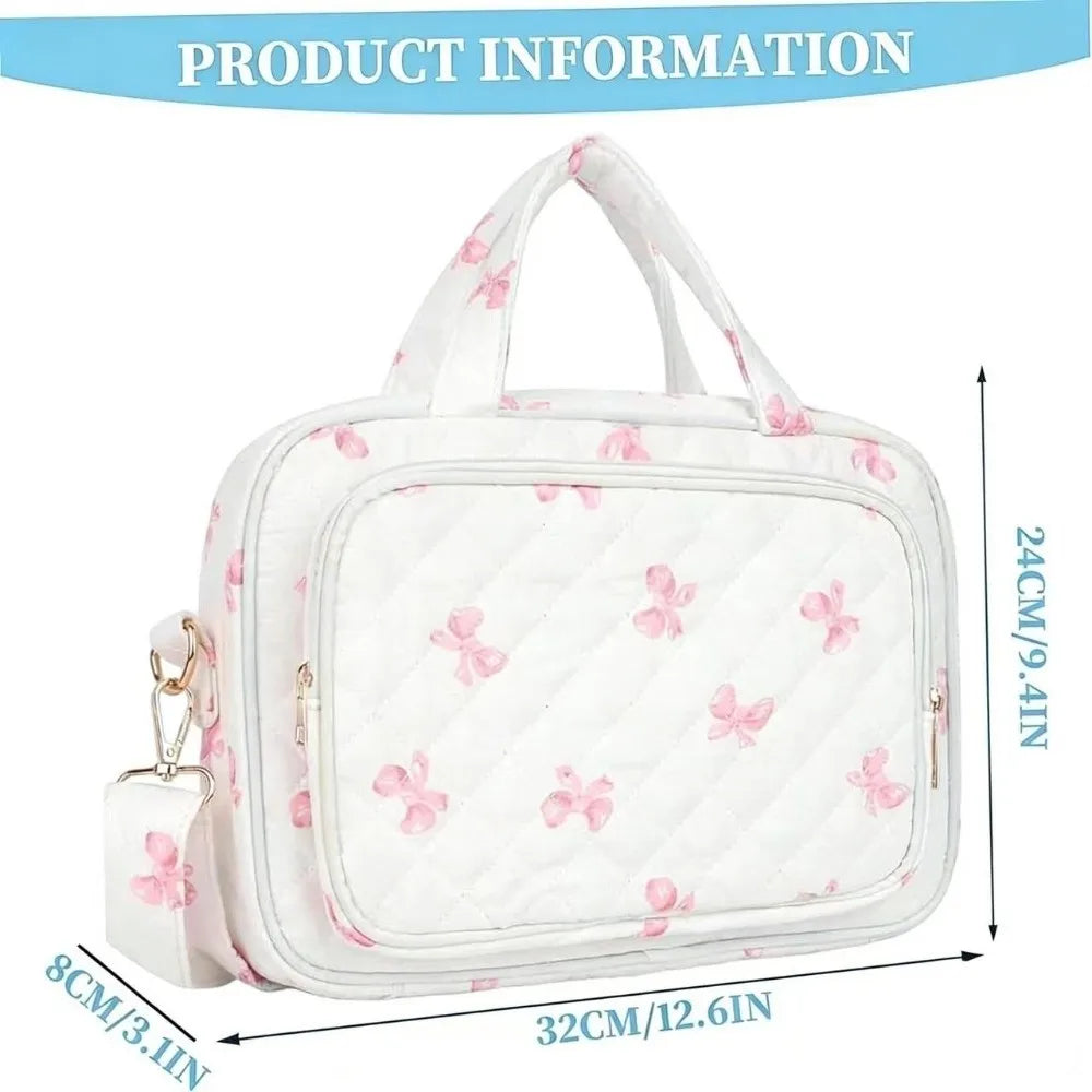 White quilted floral Bible cover with a zipper and attached study accessories
