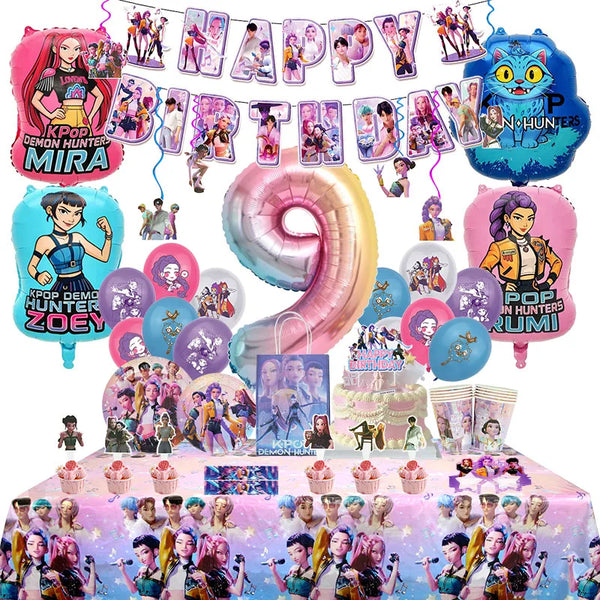 A colorful party decoration set featuring characters and text related to Kpop Demon Hunter Mira, Zoey, and Rumi.