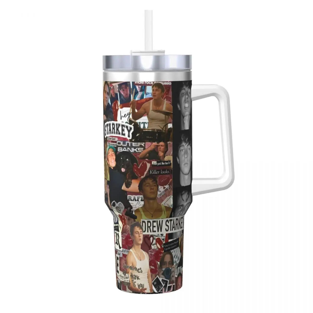 A stainless steel travel tumbler mug featuring a collage of images and text.