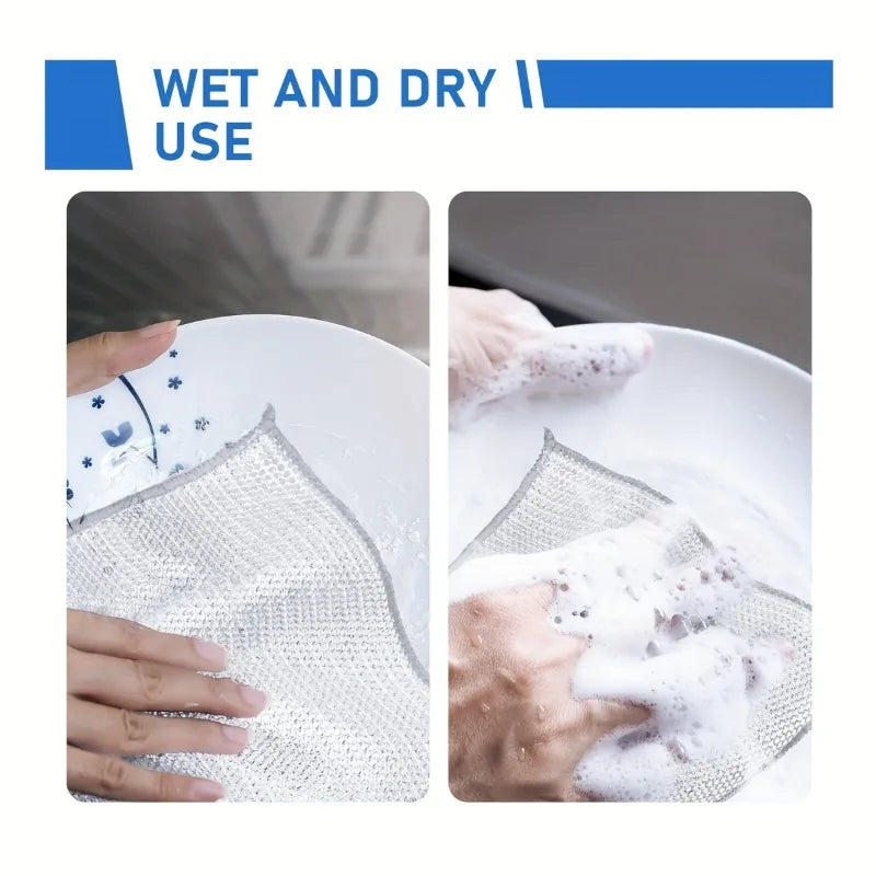Hands are shown using thickened metal wire cleaning cloths to wet and dry a white plate.