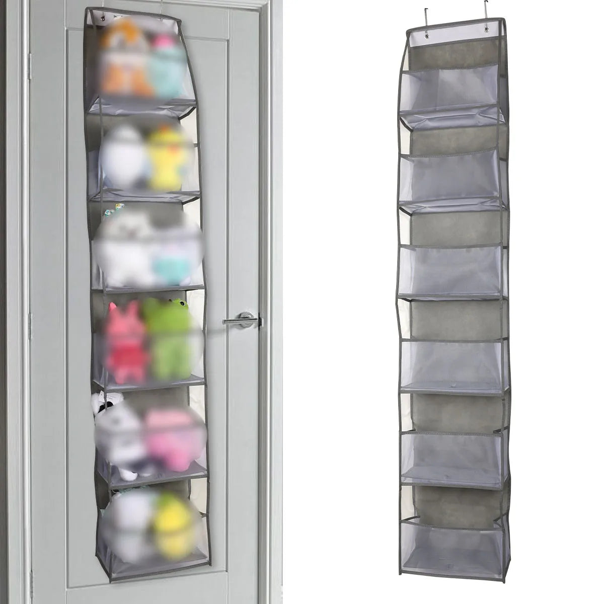A vertical over-the-door fabric storage organizer with multiple clear pockets for organizing small items.