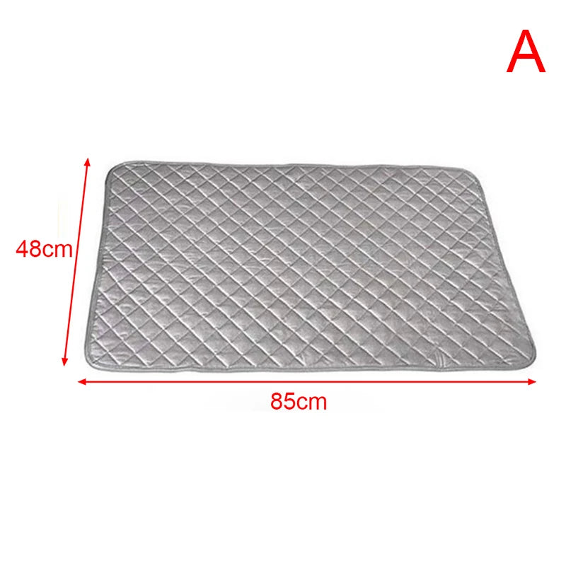 A rectangular gray folding ironing mat measuring 85cm by 48cm.