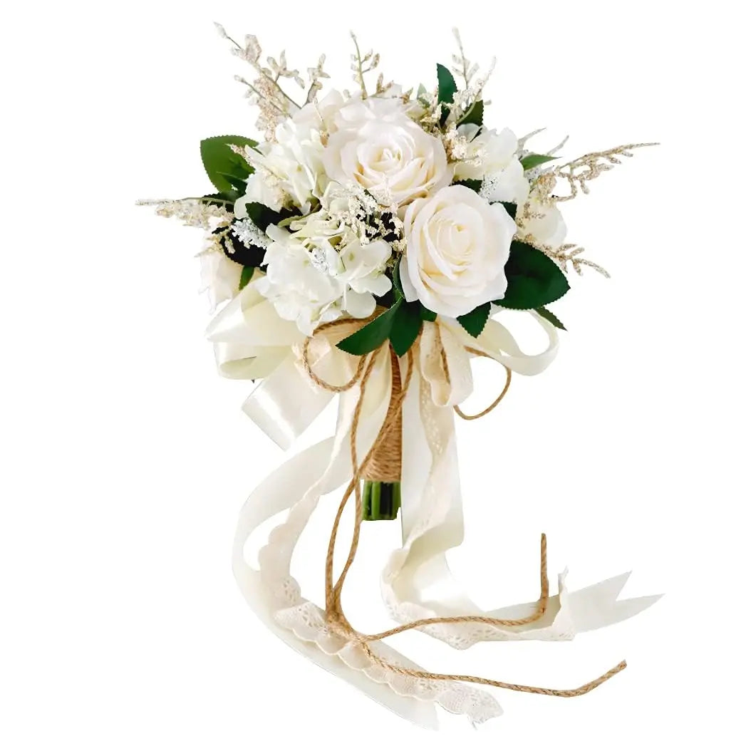 Elegant artificial rose wedding bouquet featuring white roses and greenery