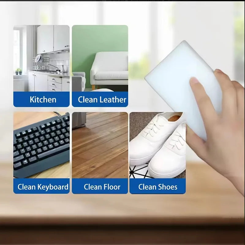 A hand holds a white cleaning sponge, with various cleaning products and surfaces shown in separate panels.