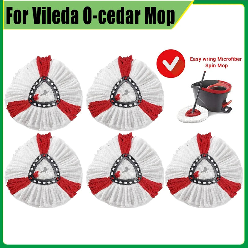 Replacement mop head pads for Vileda and O-Cedar EasyWring systems in white and red.