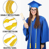 A woman wearing a blue graduation gown holds a yellow cord with tassel ends.
