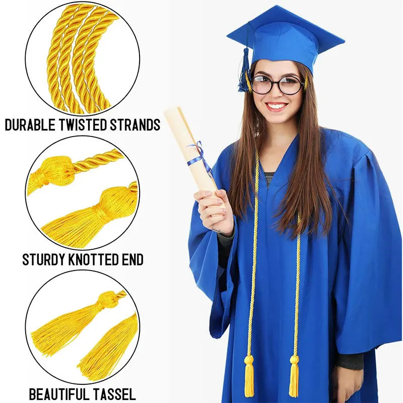 A woman wearing a blue graduation gown holds a yellow cord with tassel ends.