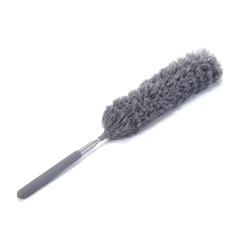 A grey telescopic electrostatic microfiber duster with an extendable stainless steel handle.