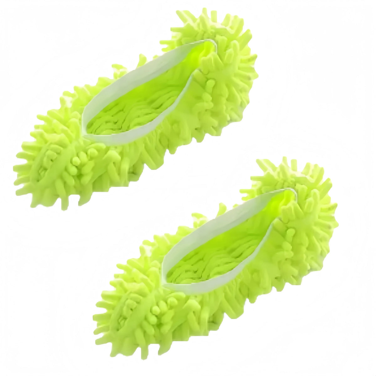 A pair of bright lime green dust-absorbing slippers designed for floor cleaning.