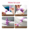 Four steps showing how to use a silicone toilet seat lifter ring opener tool.