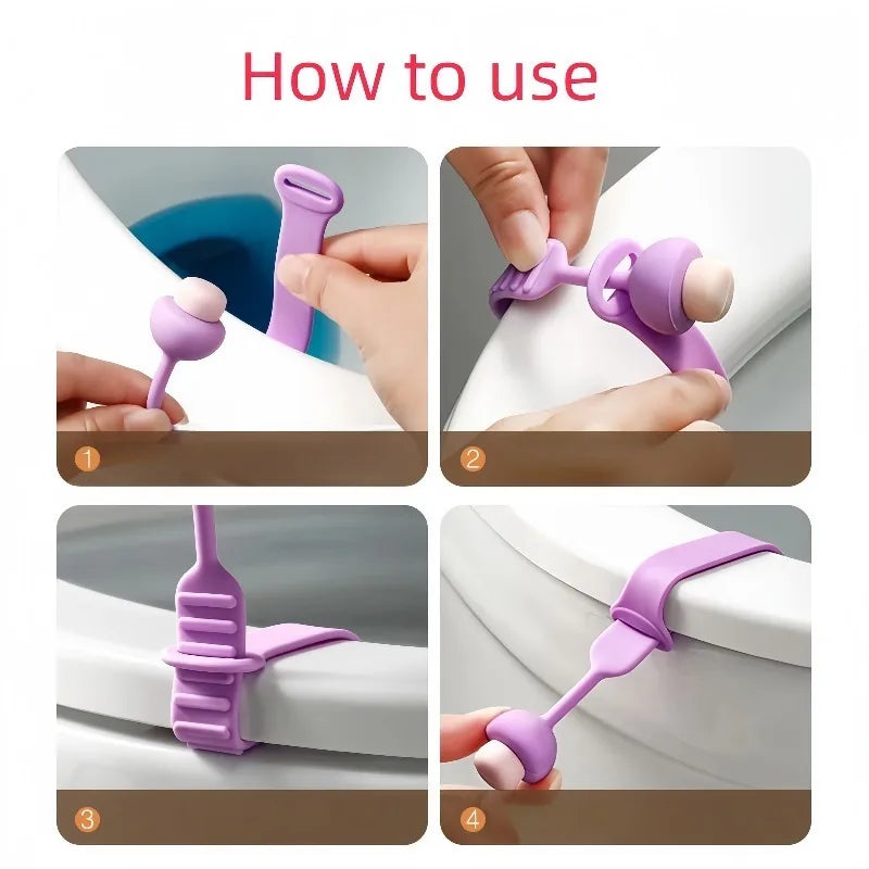 Four steps showing how to use a silicone toilet seat lifter ring opener tool.