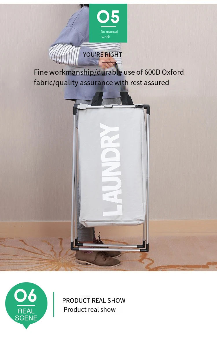 A person is holding a silver laundry basket with a white cloth inside, demonstrating its use.