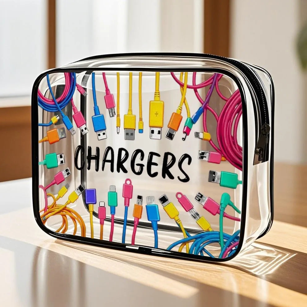A clear plastic travel organizer pouch filled with various electronic chargers and cables.