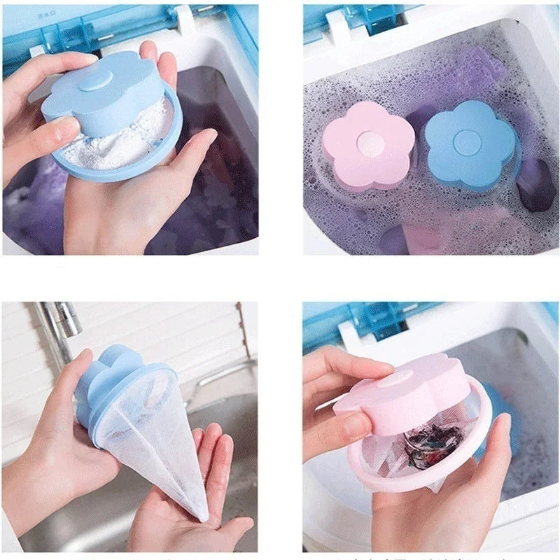 Hands demonstrate a floating laundry mesh filter bag for hair and lint, showing its use in a sink.