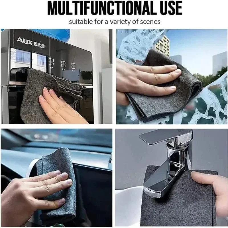 Hands are shown using a black microfiber cloth to clean the exterior of a stainless steel appliance and a chrome faucet.