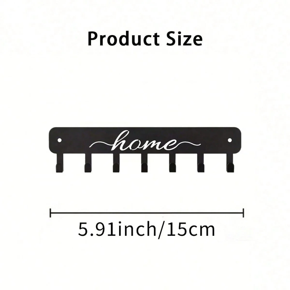 A black metal wall hook key holder with the word home engraved on it, measuring 5.91 inches or 15cm long.