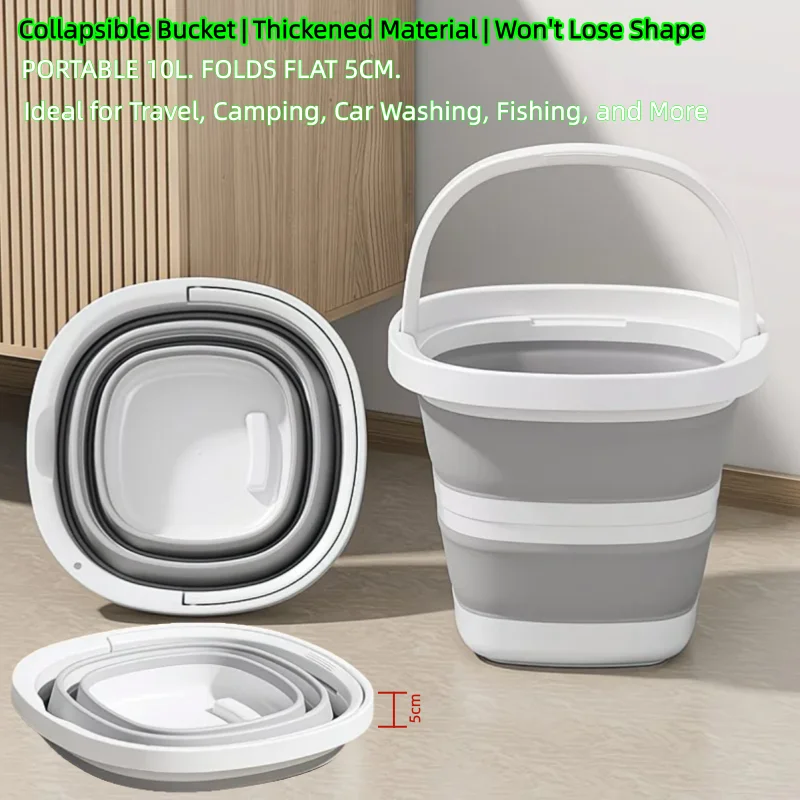 White collapsible bucket with a lid shown in various forms and sizes.