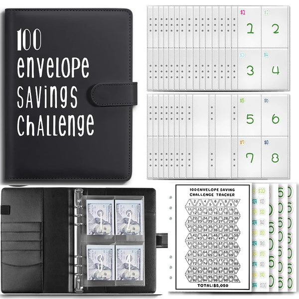 A black wallet features a savings challenge design and an attached tracker showing envelope savings progress.