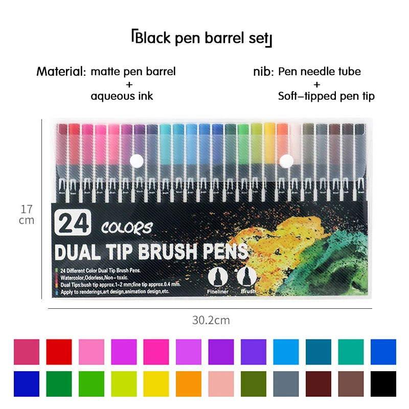 Ein Set von 24 Doppelspitzen-Pinselstiften in verschiedenen Farben, darunter rot, rosa, blau, grün, gelb, orange und schwarz.