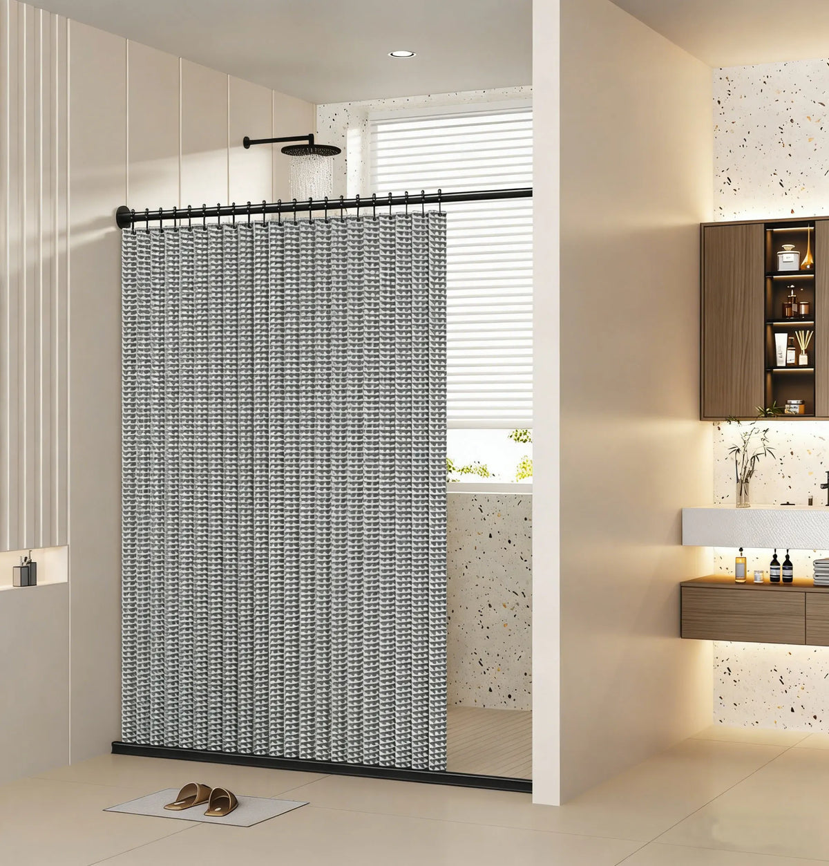A modern bathroom featuring a magnetic shower curtain with a waffle texture hanging in a black rod.