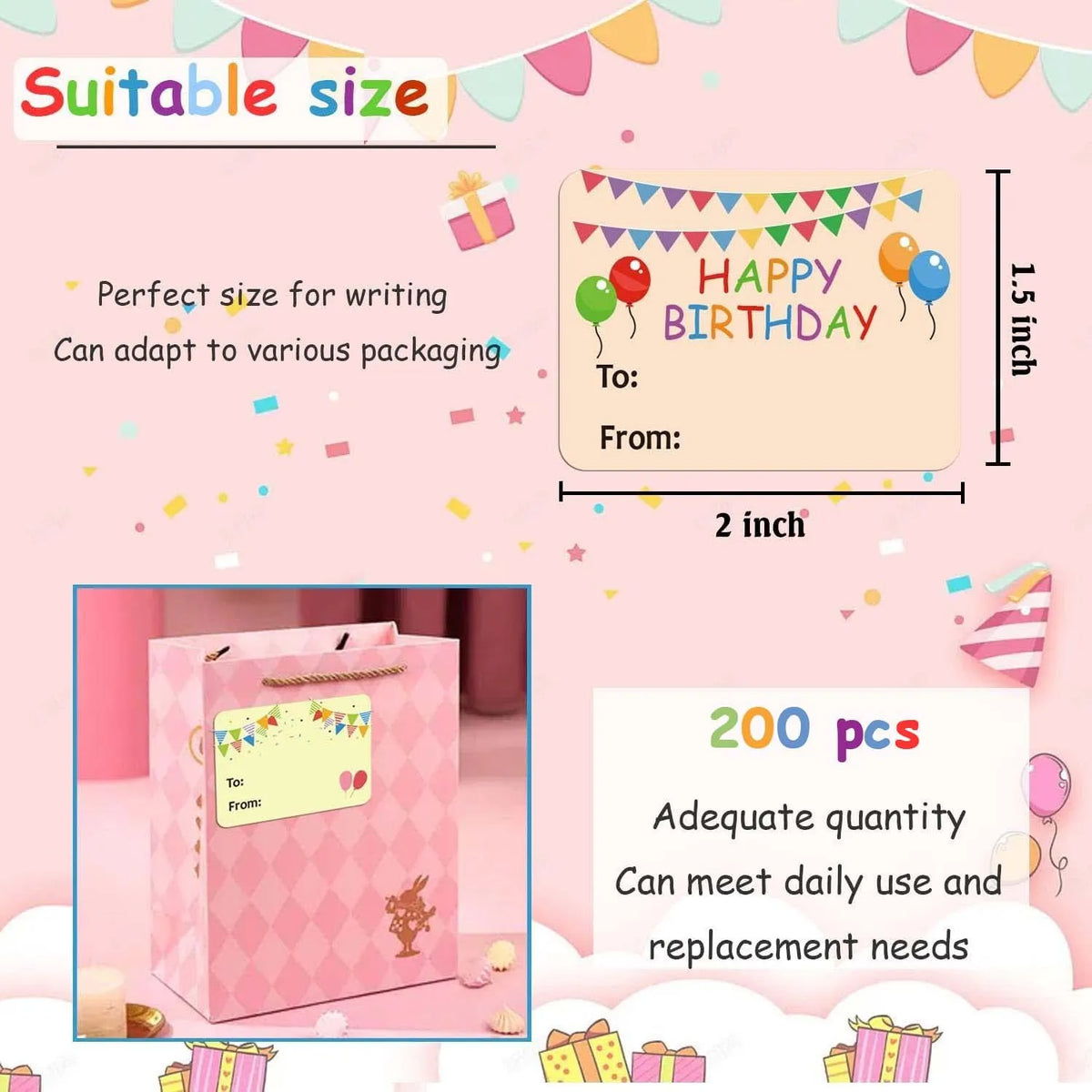 Pink gift tags with birthday messages and various colors are shown on a pink box.