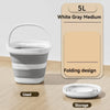 A white and gray collapsible water bucket with a handle is shown next to its folded design and storage option.