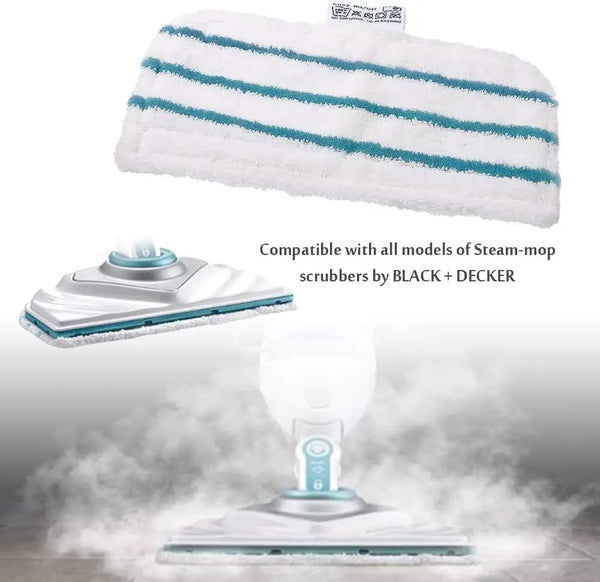 A white microfiber steam mop pad with blue stripes is shown alongside a steam mop device generating mist.