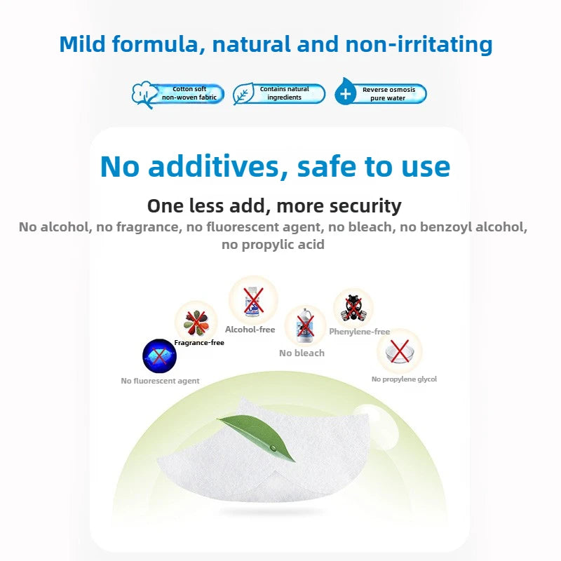 A white portable mini hand wipe is shown on a light green background with text highlighting its mild formula and safety featu