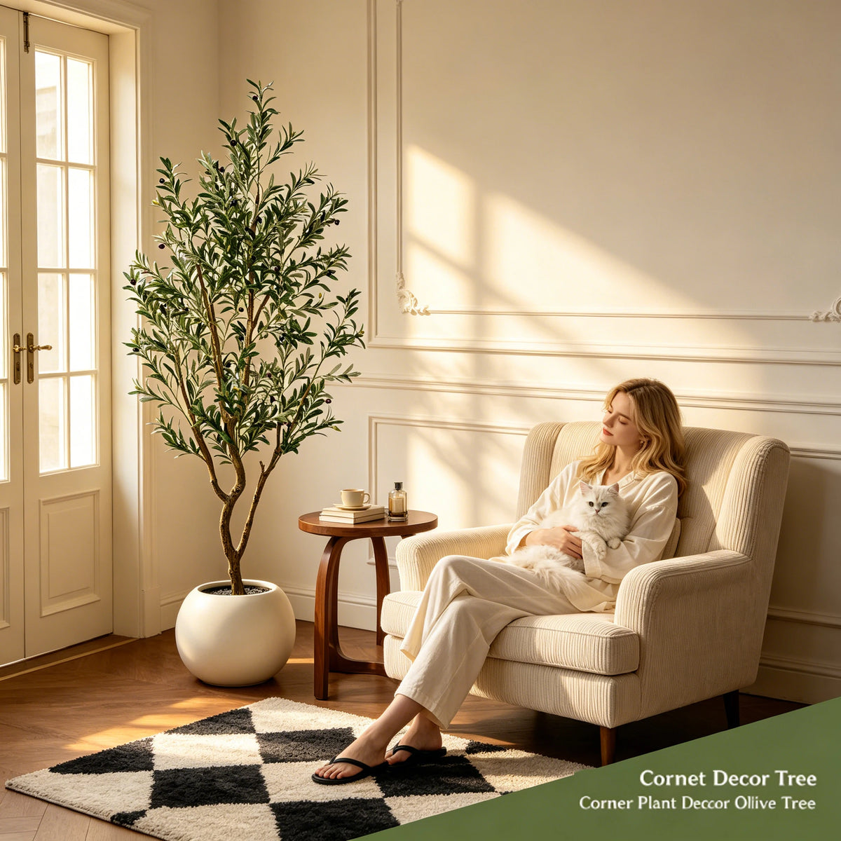 An artificial indoor olive tree in a pot is displayed next to a woman relaxing in an armchair.
