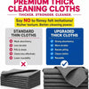 Une pile de chiffons de nettoyage gris foncé à côté d'une publicité pour des chiffons de nettoyage épais et haut de gamme.