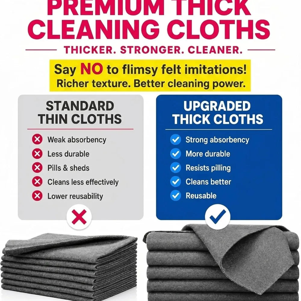 Une pile de chiffons de nettoyage gris foncé à côté d'une publicité pour des chiffons de nettoyage épais et haut de gamme.