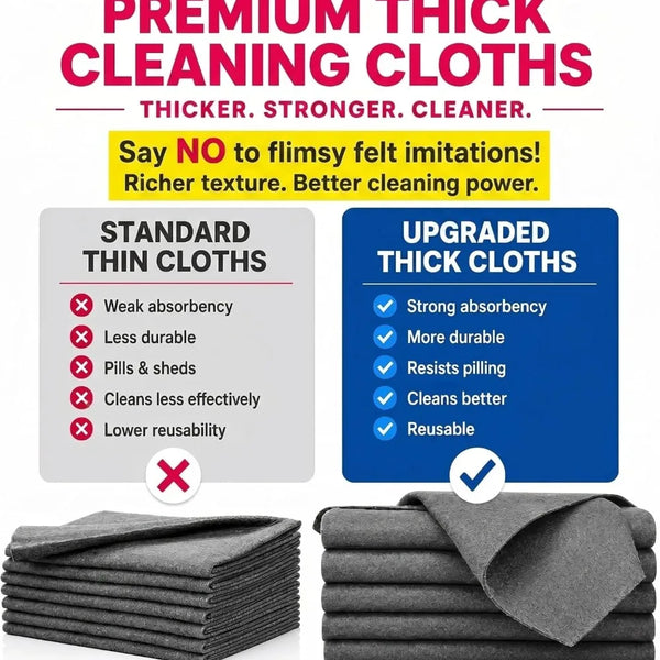 A stack of dark gray cleaning cloths is shown next to text promoting premium thick cleaning cloths.