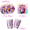 A set of 60 pieces of K-Pop themed birthday party decor including circular plates and plastic cups.
