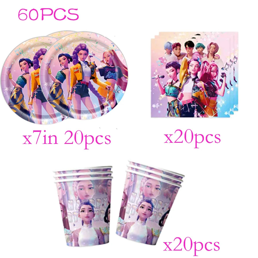 A set of 60 pieces of K-Pop themed birthday party decor including circular plates and plastic cups.