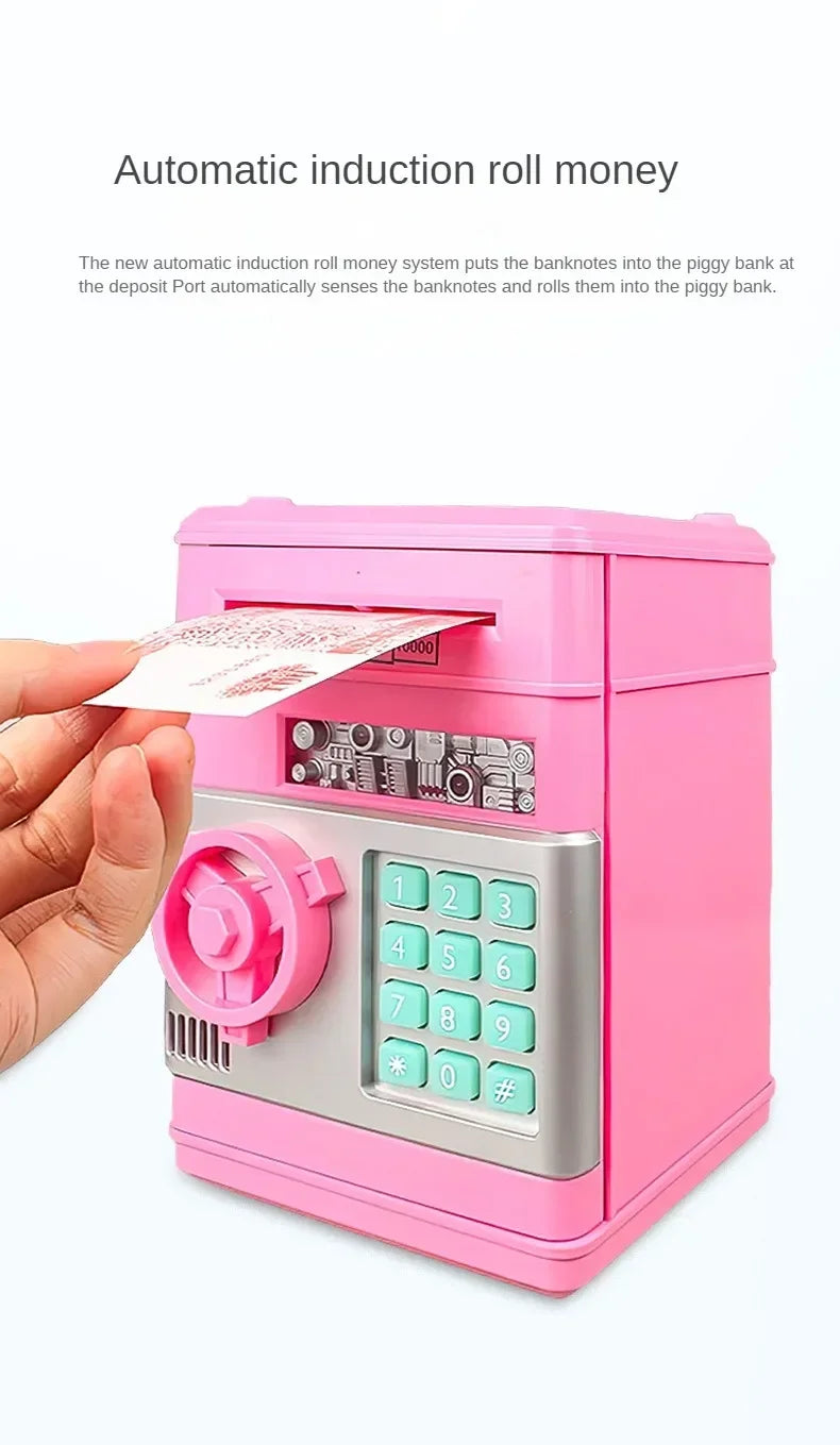 A pink automatic induction roll money system depositing banknotes into a piggy bank.