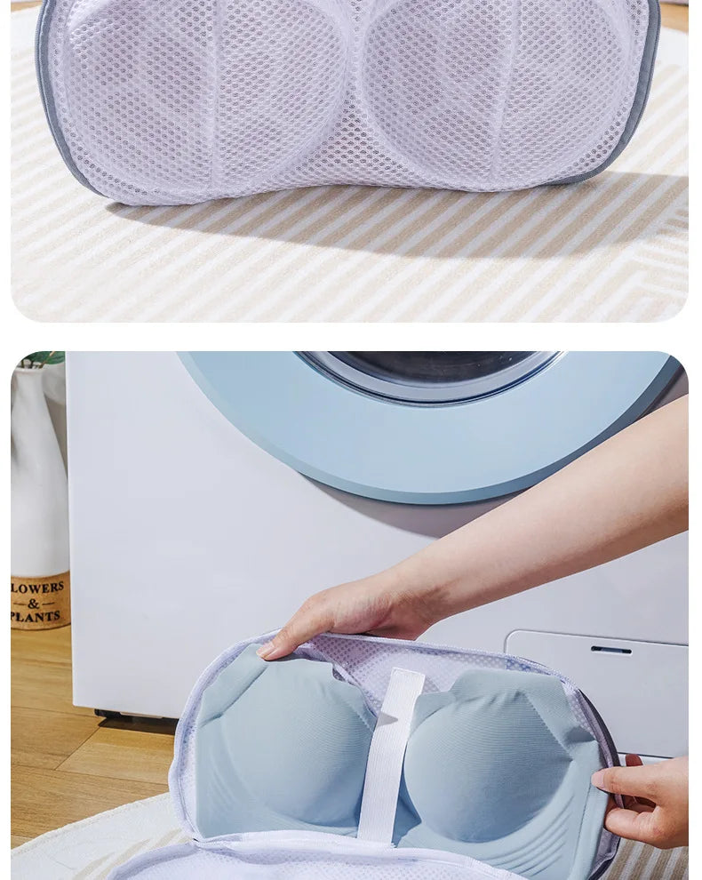 A light blue mesh laundry bag is shown being placed into a washing machine drum.