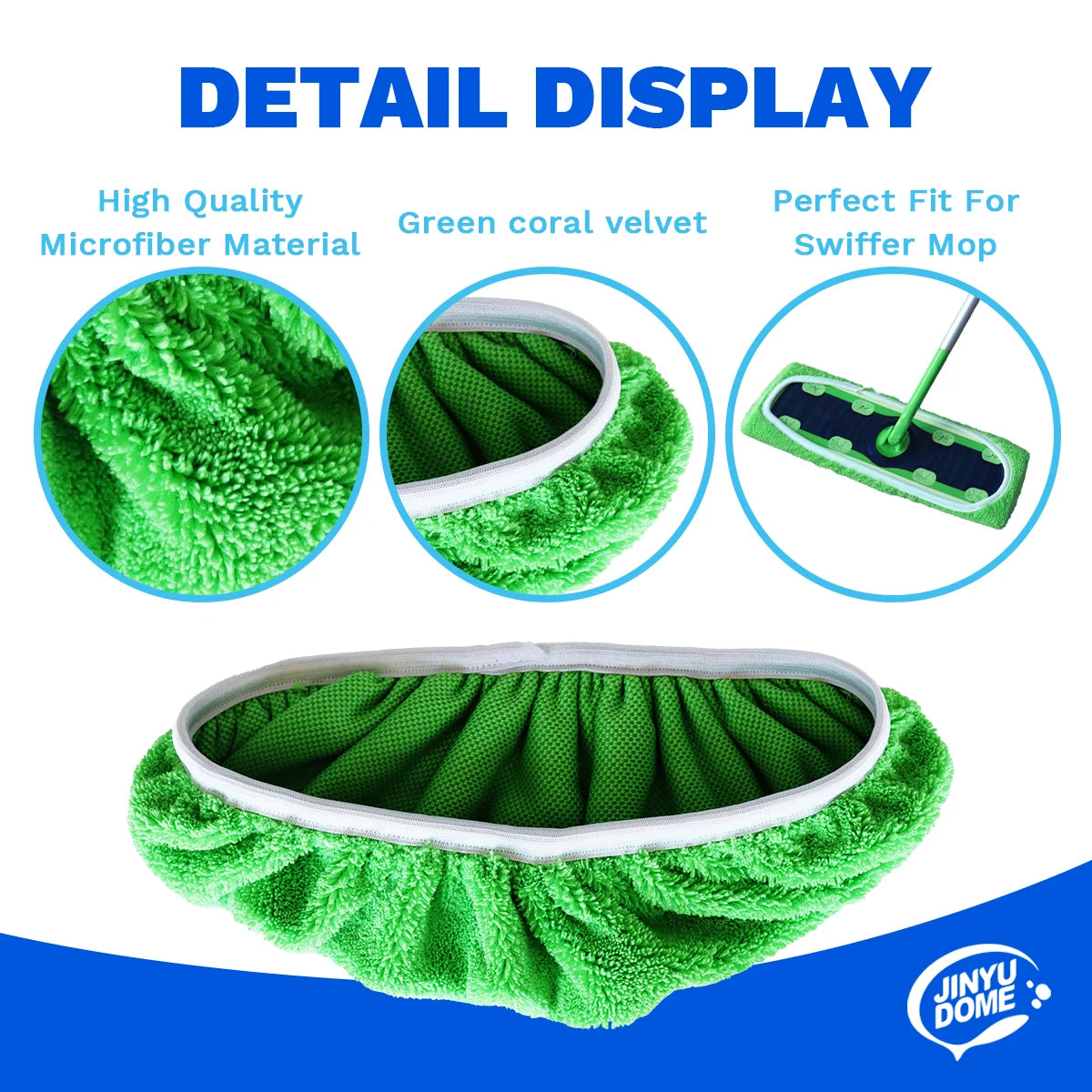 Detail display of green coral velvet microfiber mop pads and a swiffer mop.