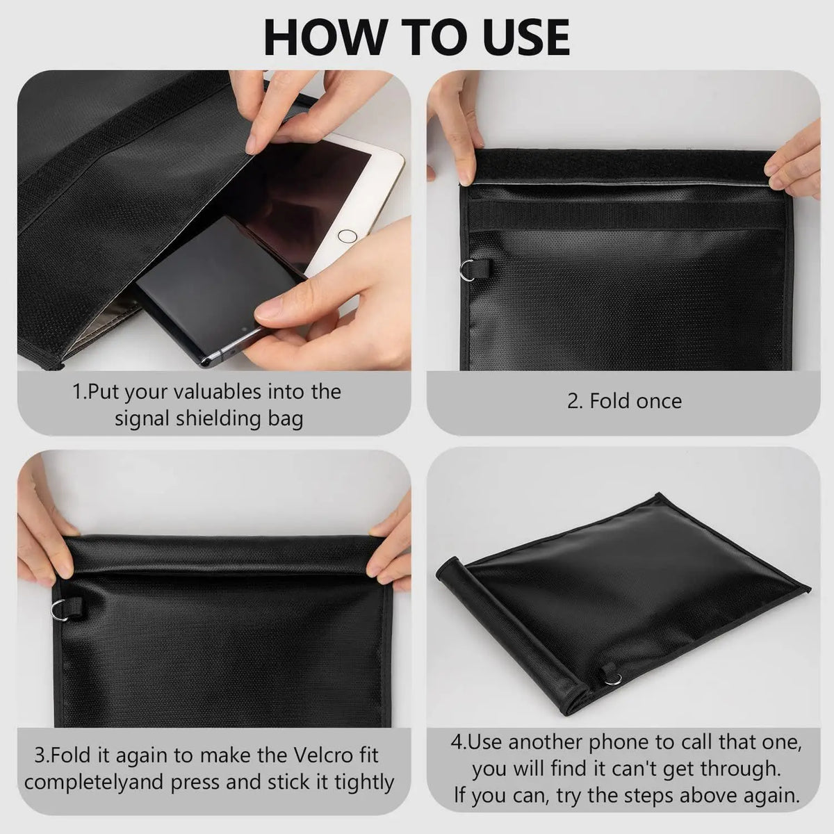 Instructions showing how to fold a Faraday shield key bag for anti-theft protection