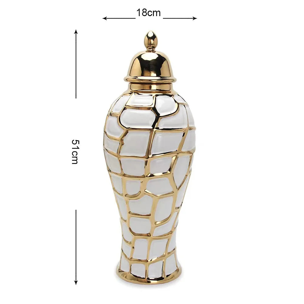 A golden ceramic flower vase with a textured, diamond-patterned body and a lid.