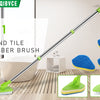 A 2 in 1 tub and tile scrubber brush set with a telescopic handle, green cleaning heads, and blue scrubbing sponges.