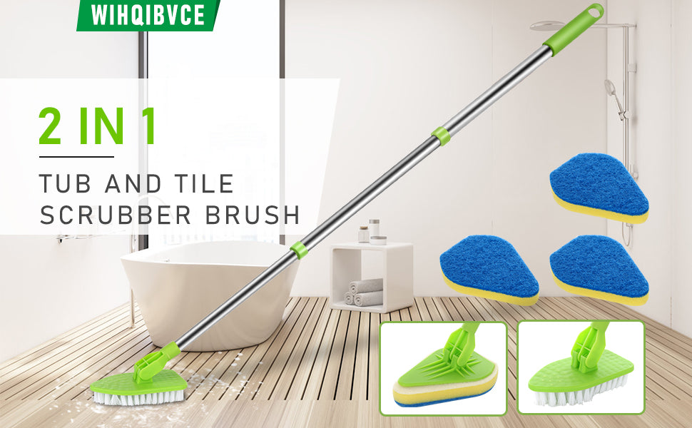 A 2 in 1 tub and tile scrubber brush set with a telescopic handle, green cleaning heads, and blue scrubbing sponges.
