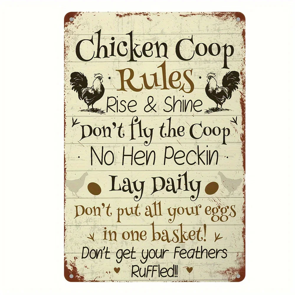 Vintage Metall-Dose-Schild mit Hühnerstallregeln und Illustrationen von Hühnern