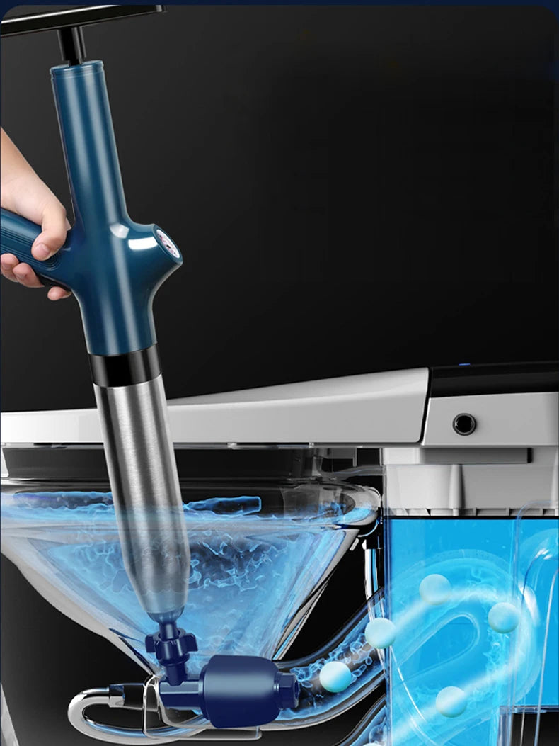 A hand holds a blue and silver heavy-duty stainless steel drain blaster kit being used to clean a glass bowl.