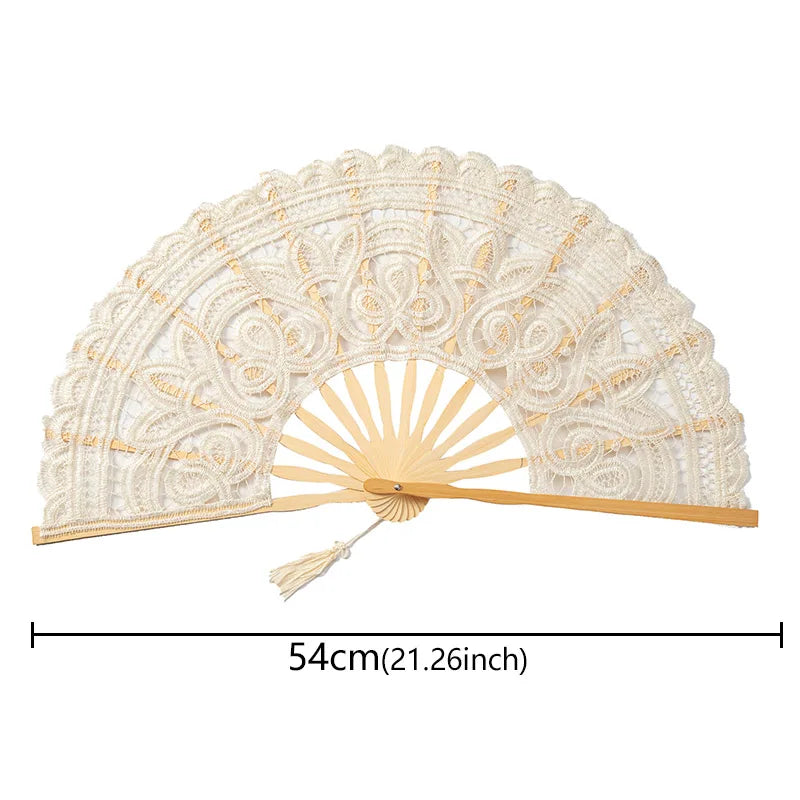 Elegant lace folding handheld fan in cream color with a sunburst design