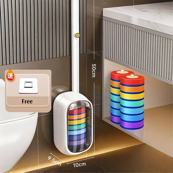 A wall-mounted toilet brush holder set with colorful cylindrical brushes is shown in a bathroom setting.