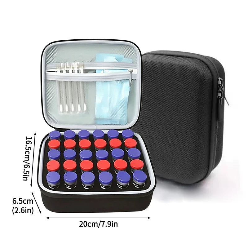 A portable peptide storage case showing an open compartment with glass tubes and a separate black carrying pouch.