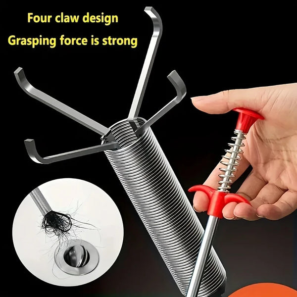 A hand holds a silver drain auger with a claw hook, demonstrating its strong grasping force for removing hair and debris.