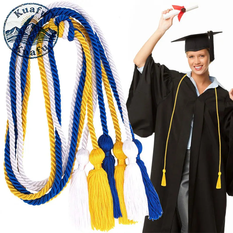A bundle of graduation honor cords in blue, white, and yellow with tassel ends.