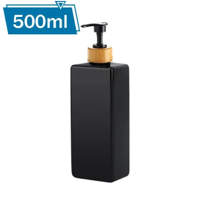 A black pump bottle with a wooden cap and a blue label indicating 500ml capacity.